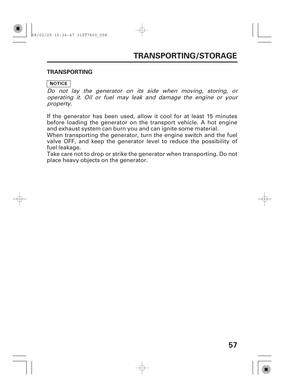 Transporting/storage, Transporting, 57 transporting/storage | HONDA EU3000is User Manual | Page 59 / 71