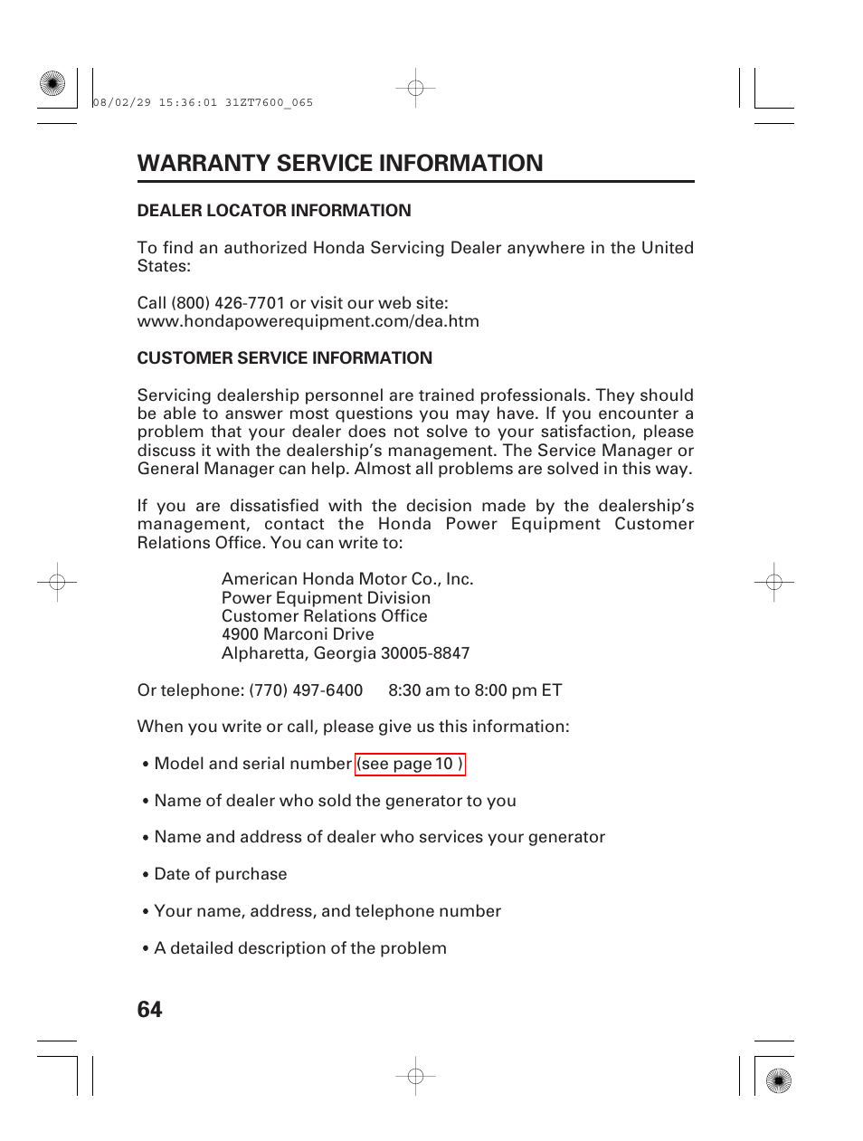 Warranty service information, Dealer locator information, Customer service information | 64 warranty service information | HONDA EU3000is User Manual | Page 66 / 71