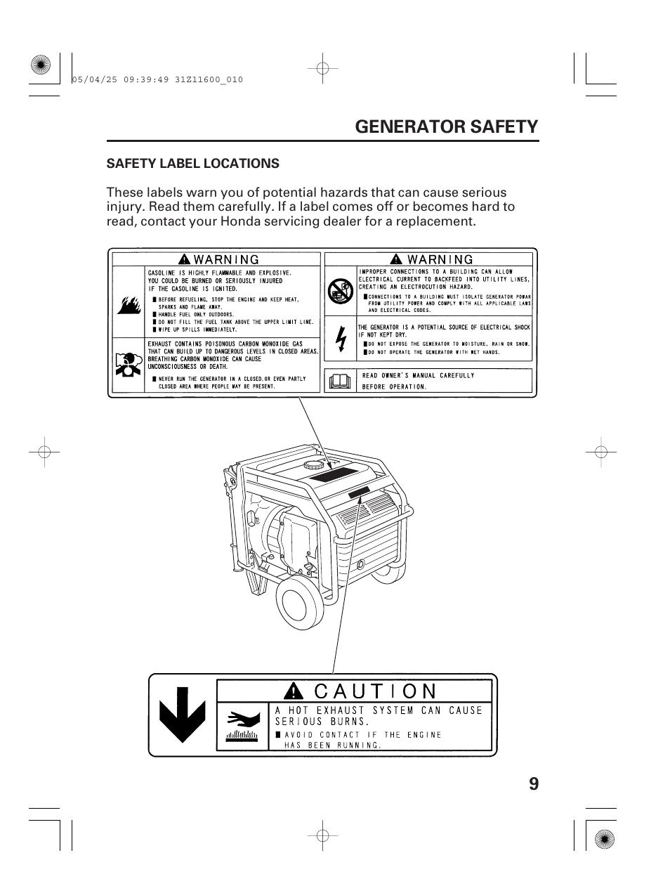 Safety label locations, 9generator safety | HONDA EM7000is User Manual | Page 11 / 100