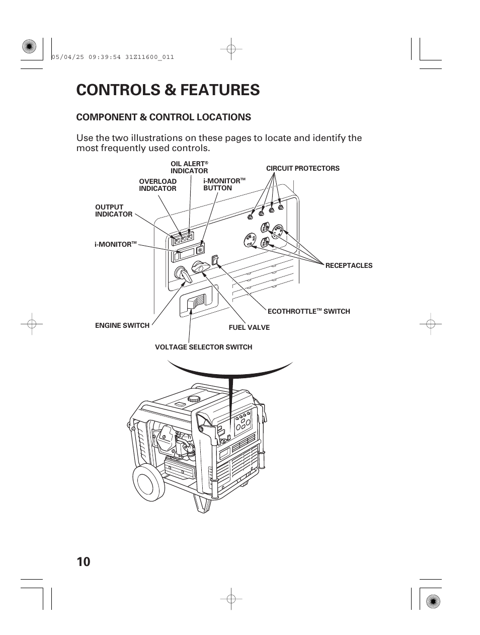 Controls & features, Component & control locations | HONDA EM7000is User Manual | Page 12 / 100