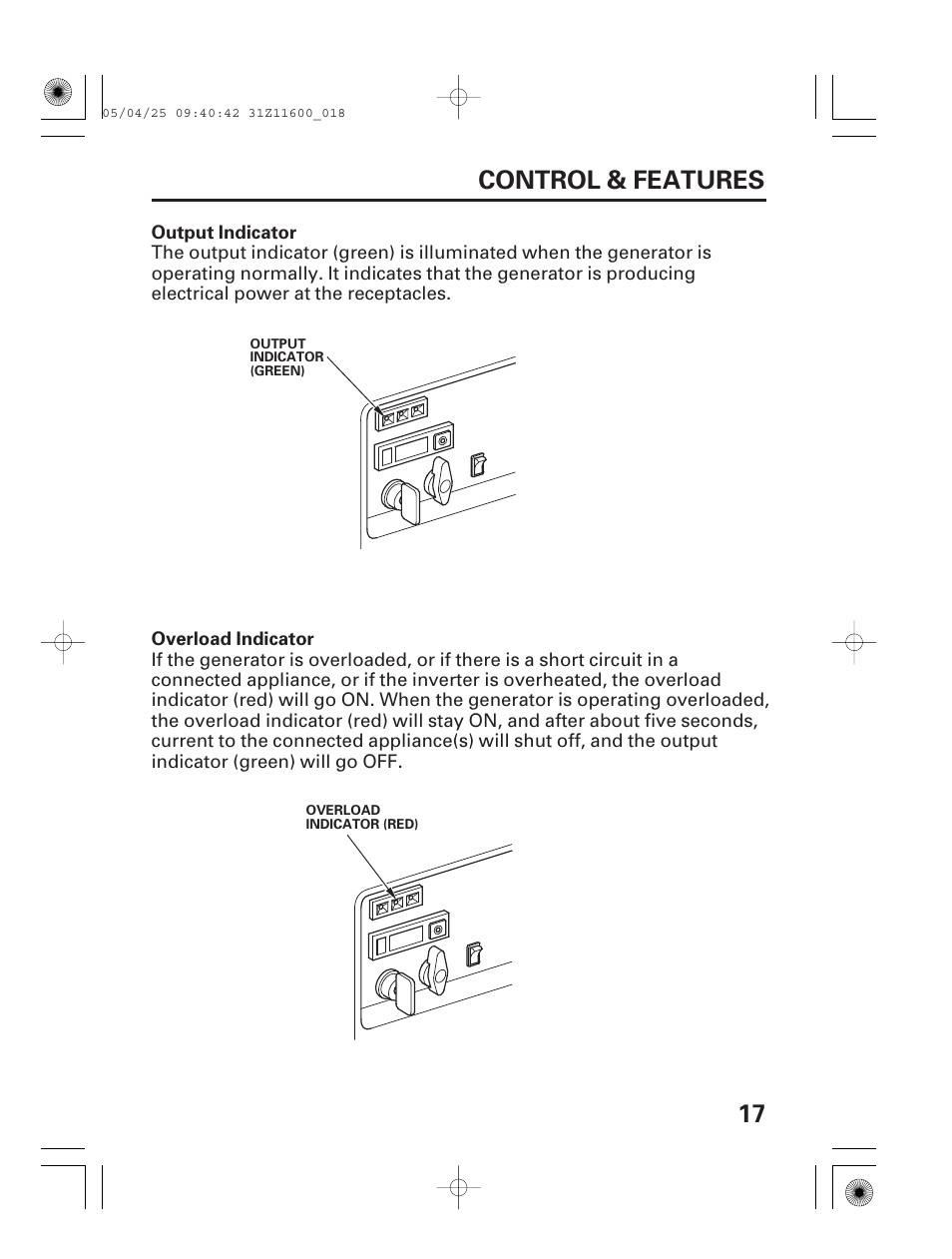 Output indicator, Overload indicator, 17 control & features | HONDA EM7000is User Manual | Page 19 / 100