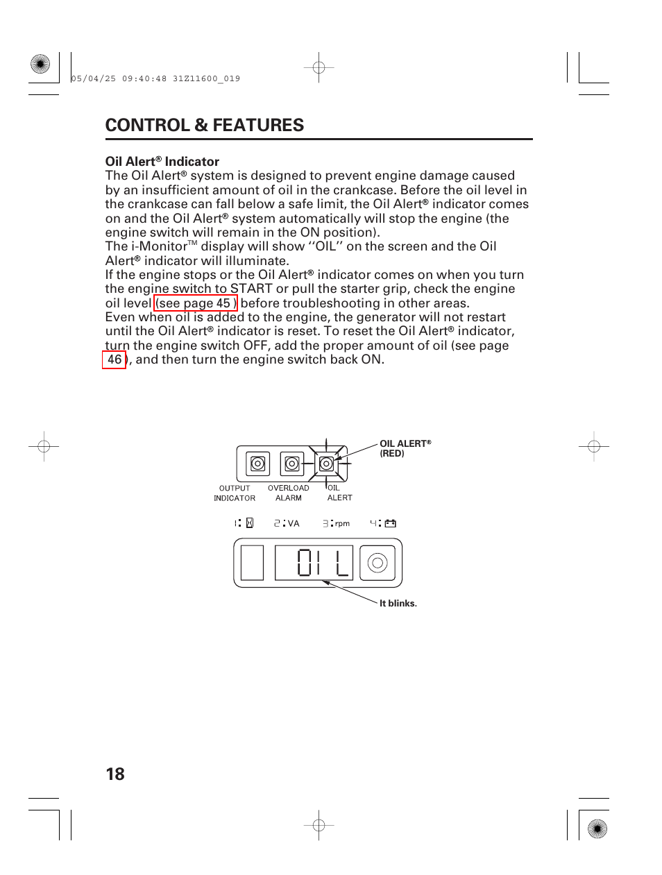 Oil alert® indicator, 18 control & features | HONDA EM7000is User Manual | Page 20 / 100