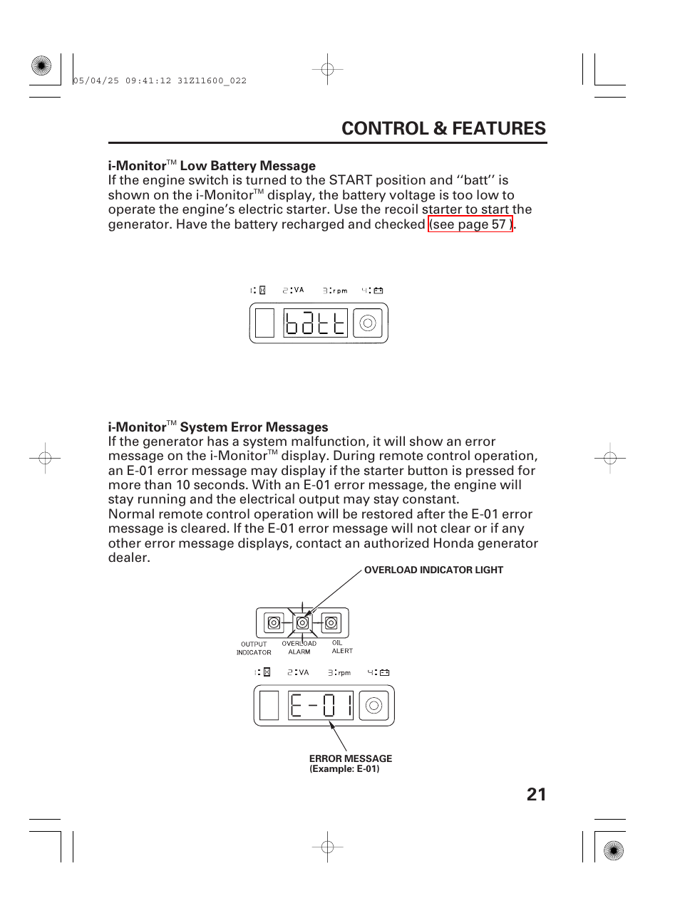 21 control & features | HONDA EM7000is User Manual | Page 23 / 100