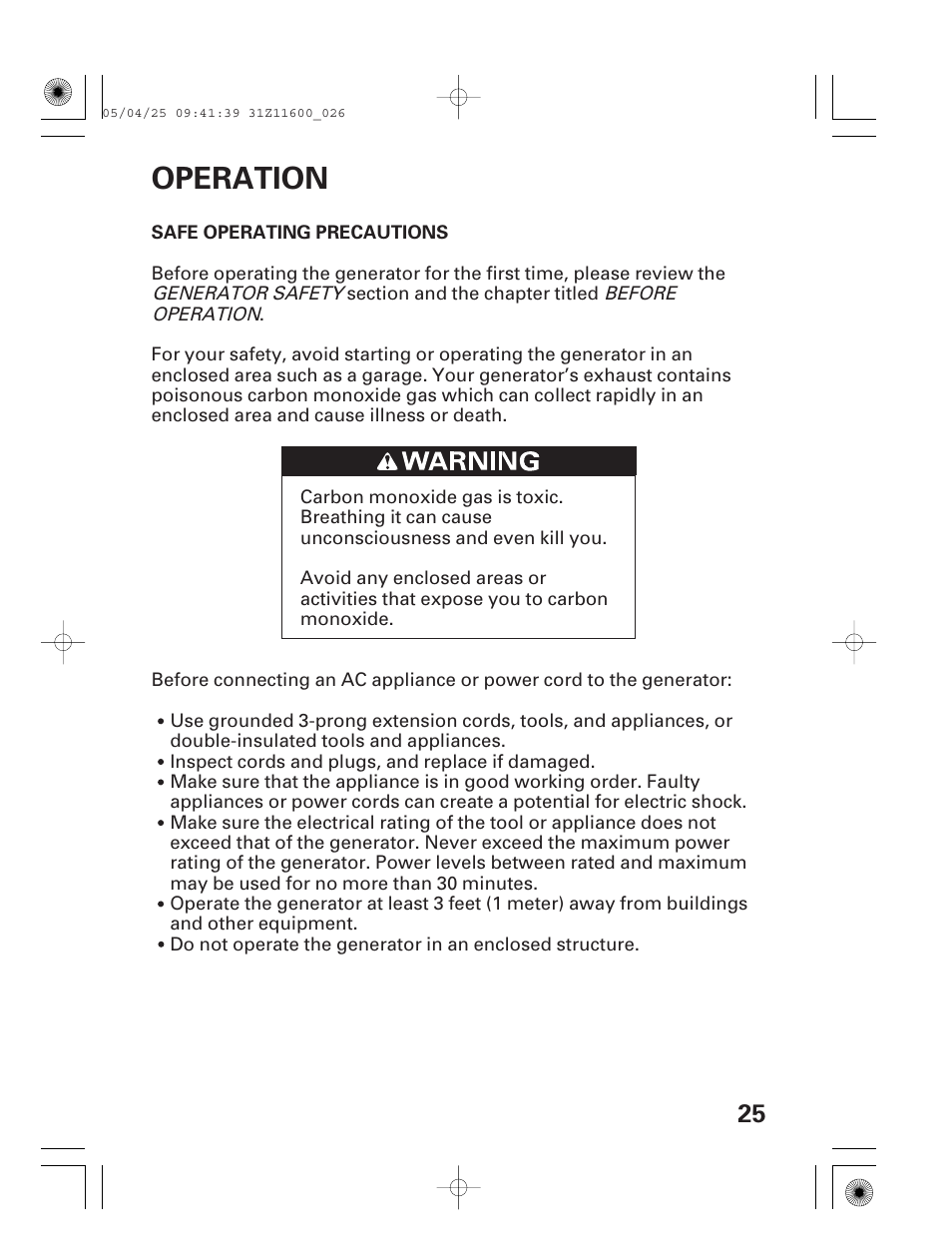 Operation, Safe operating precautions | HONDA EM7000is User Manual | Page 27 / 100