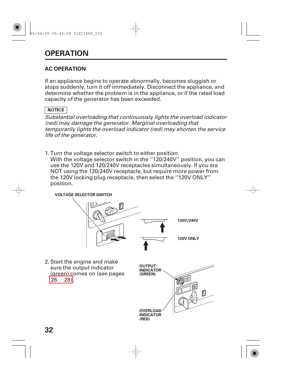 Ac operation, 32 operation | HONDA EM7000is User Manual | Page 34 / 100