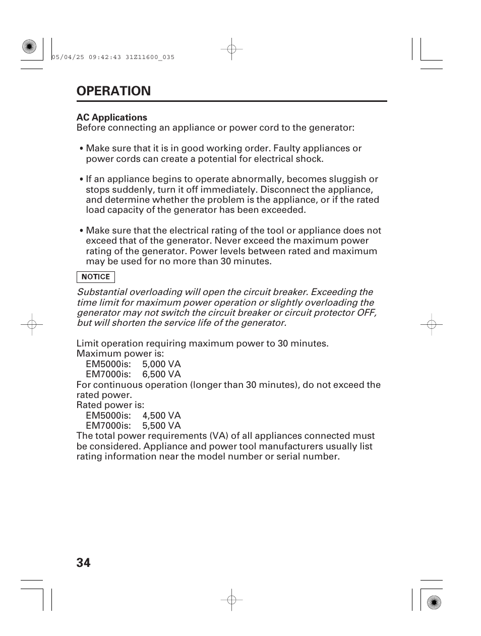 34 operation | HONDA EM7000is User Manual | Page 36 / 100