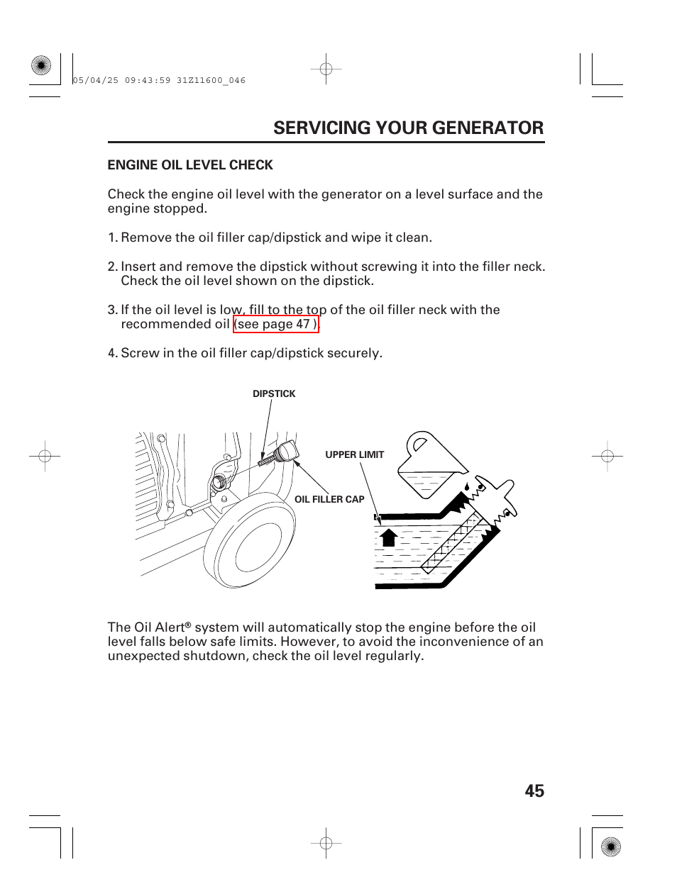 Engine oil level check, 45 servicing your generator | HONDA EM7000is User Manual | Page 47 / 100
