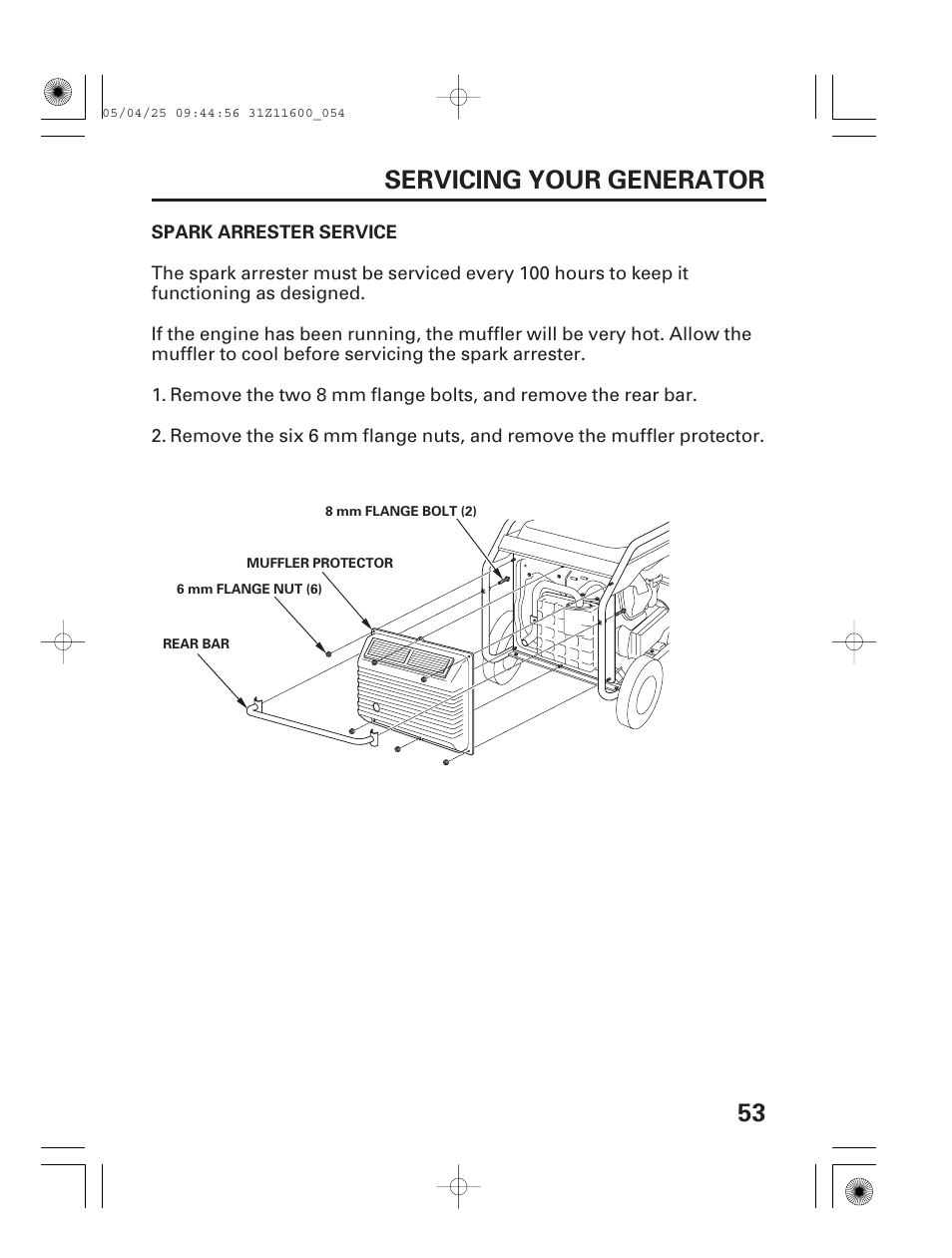 Spark arrester service, 53 servicing your generator | HONDA EM7000is User Manual | Page 55 / 100