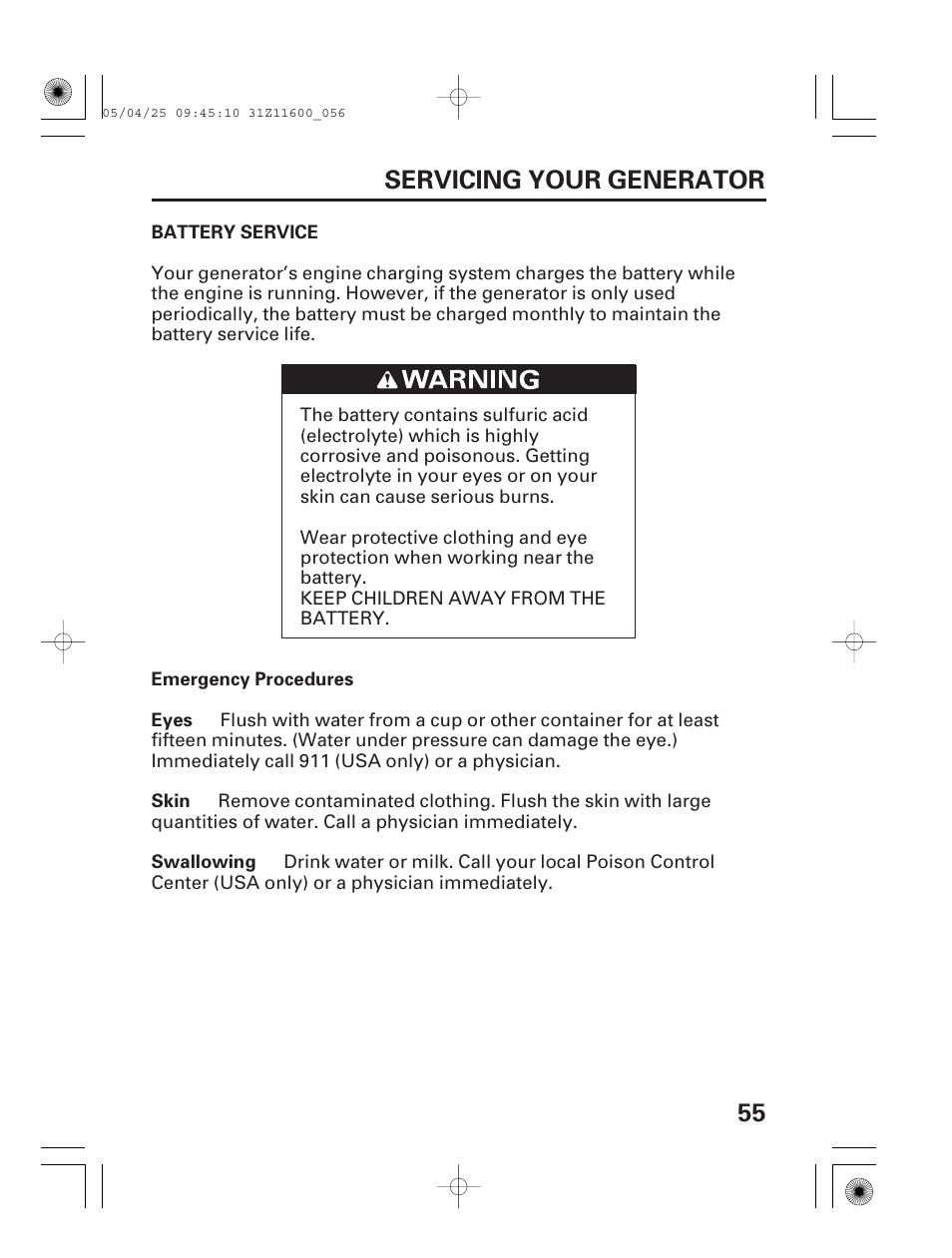 Battery service, 55 servicing your generator | HONDA EM7000is User Manual | Page 57 / 100