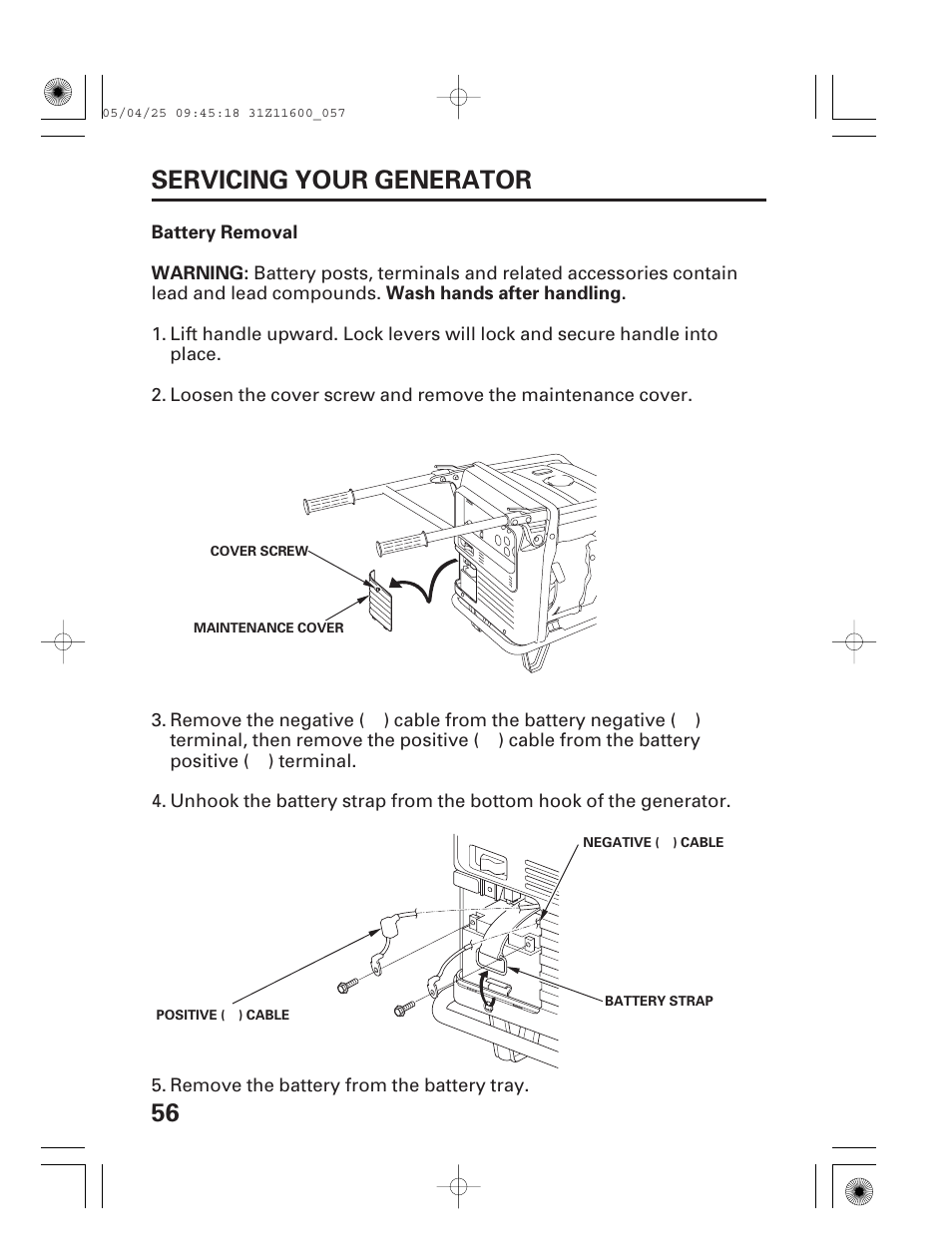 56 servicing your generator | HONDA EM7000is User Manual | Page 58 / 100