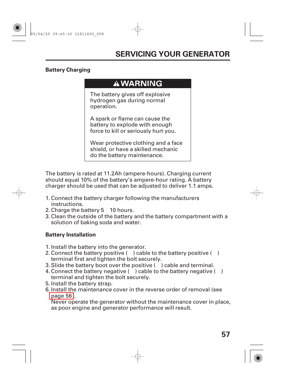57 servicing your generator | HONDA EM7000is User Manual | Page 59 / 100