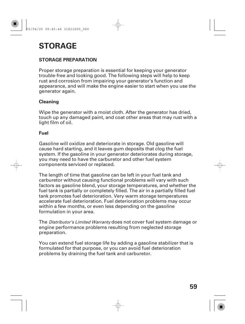 Storage, Storage preparation, Cleaning | Fuel | HONDA EM7000is User Manual | Page 61 / 100