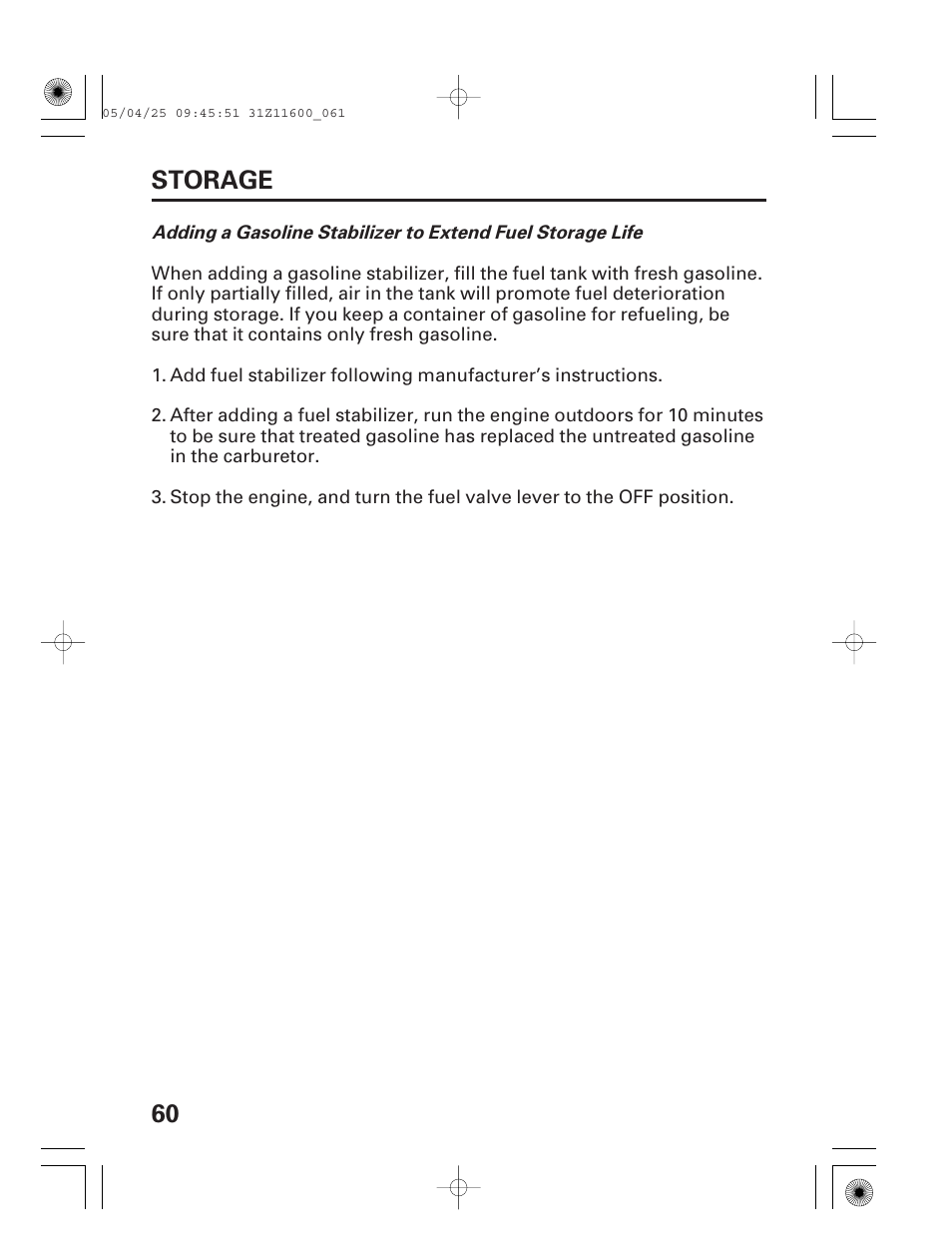 60 storage | HONDA EM7000is User Manual | Page 62 / 100