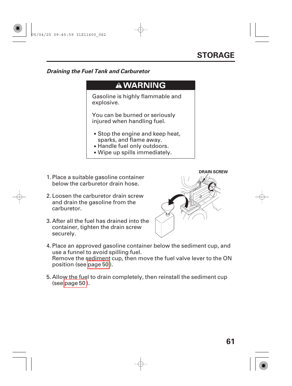 61 storage | HONDA EM7000is User Manual | Page 63 / 100