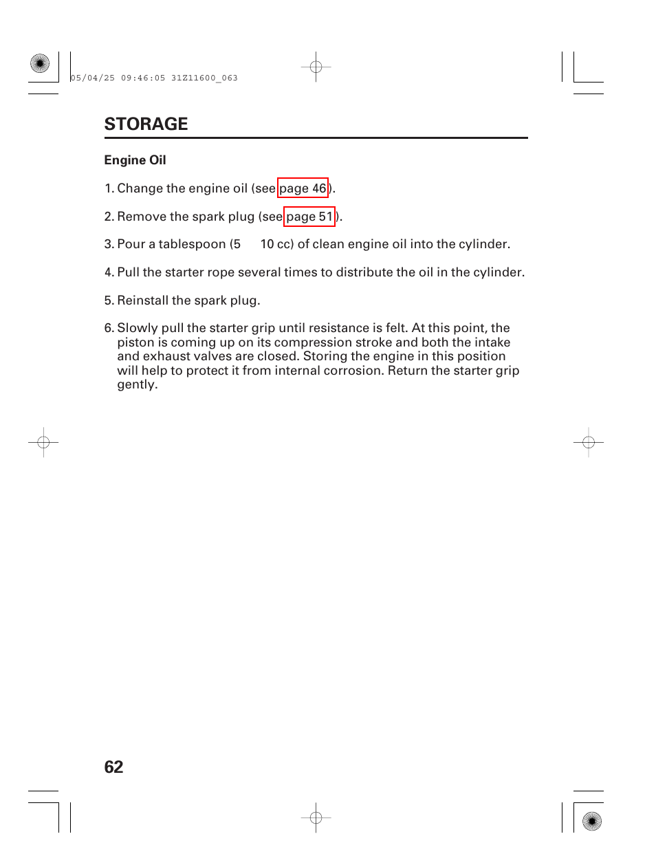 Engine oil, 62 storage | HONDA EM7000is User Manual | Page 64 / 100