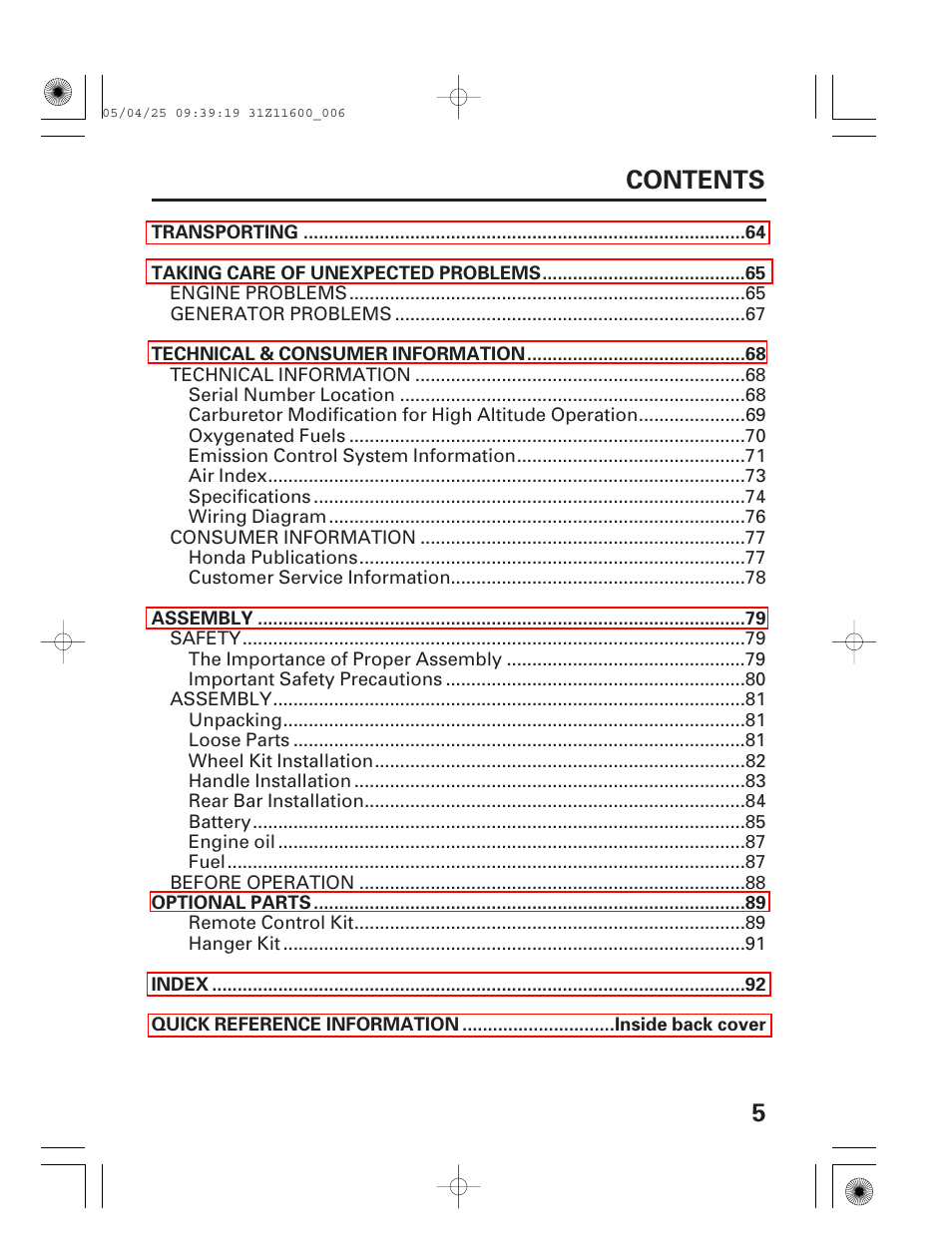 5contents | HONDA EM7000is User Manual | Page 7 / 100