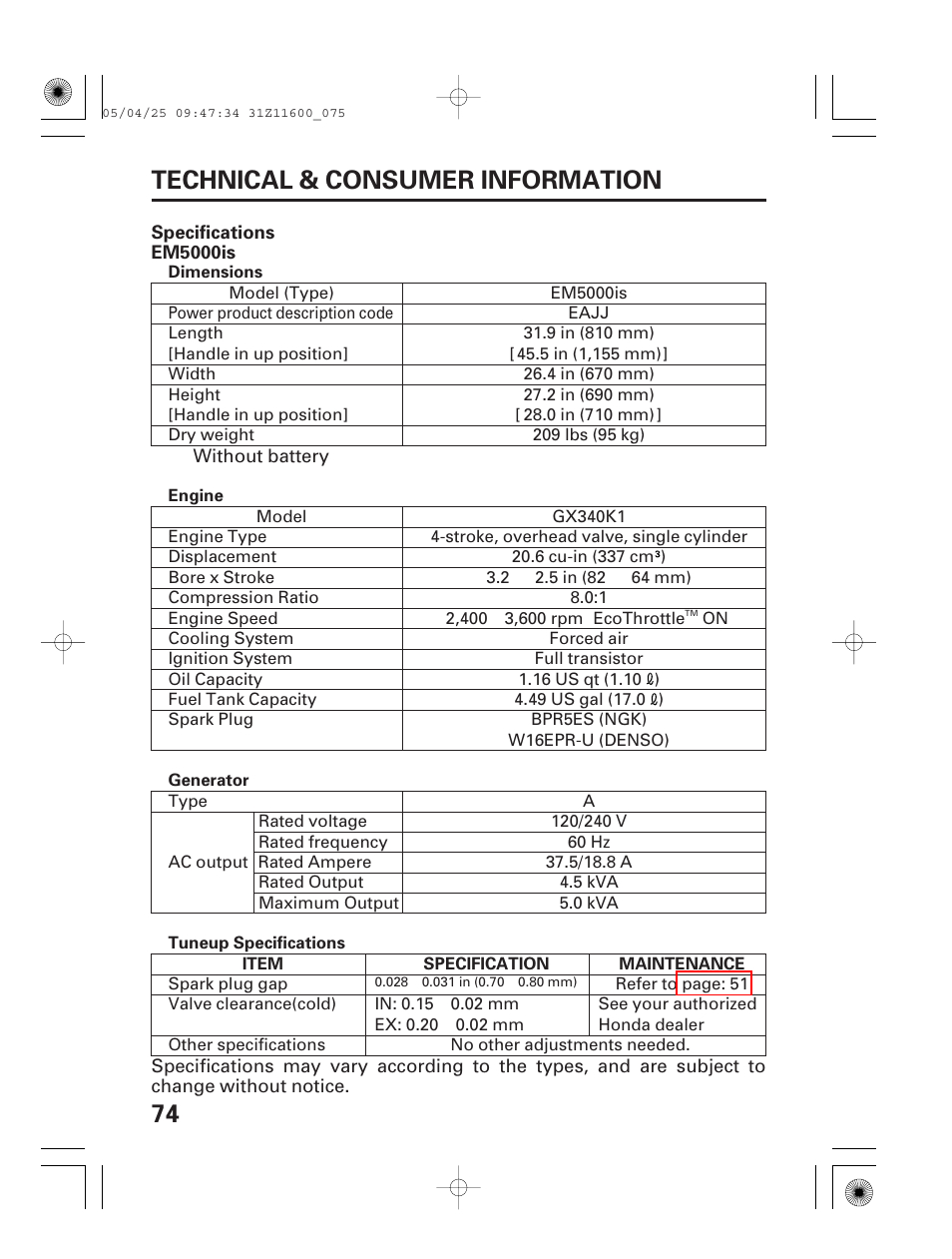 Specifications, 74 technical & consumer information | HONDA EM7000is User Manual | Page 76 / 100