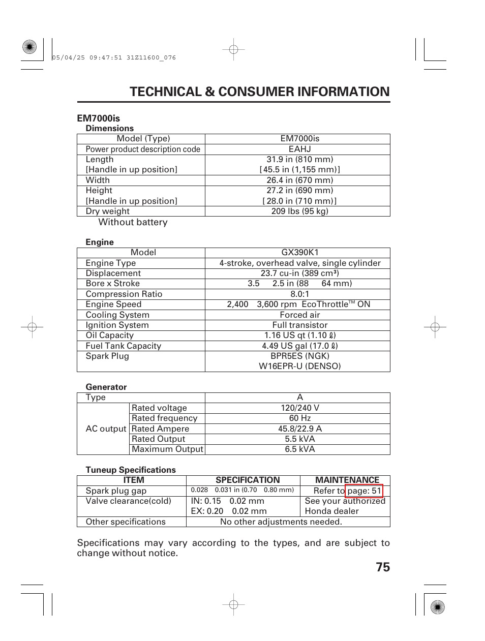75 technical & consumer information | HONDA EM7000is User Manual | Page 77 / 100