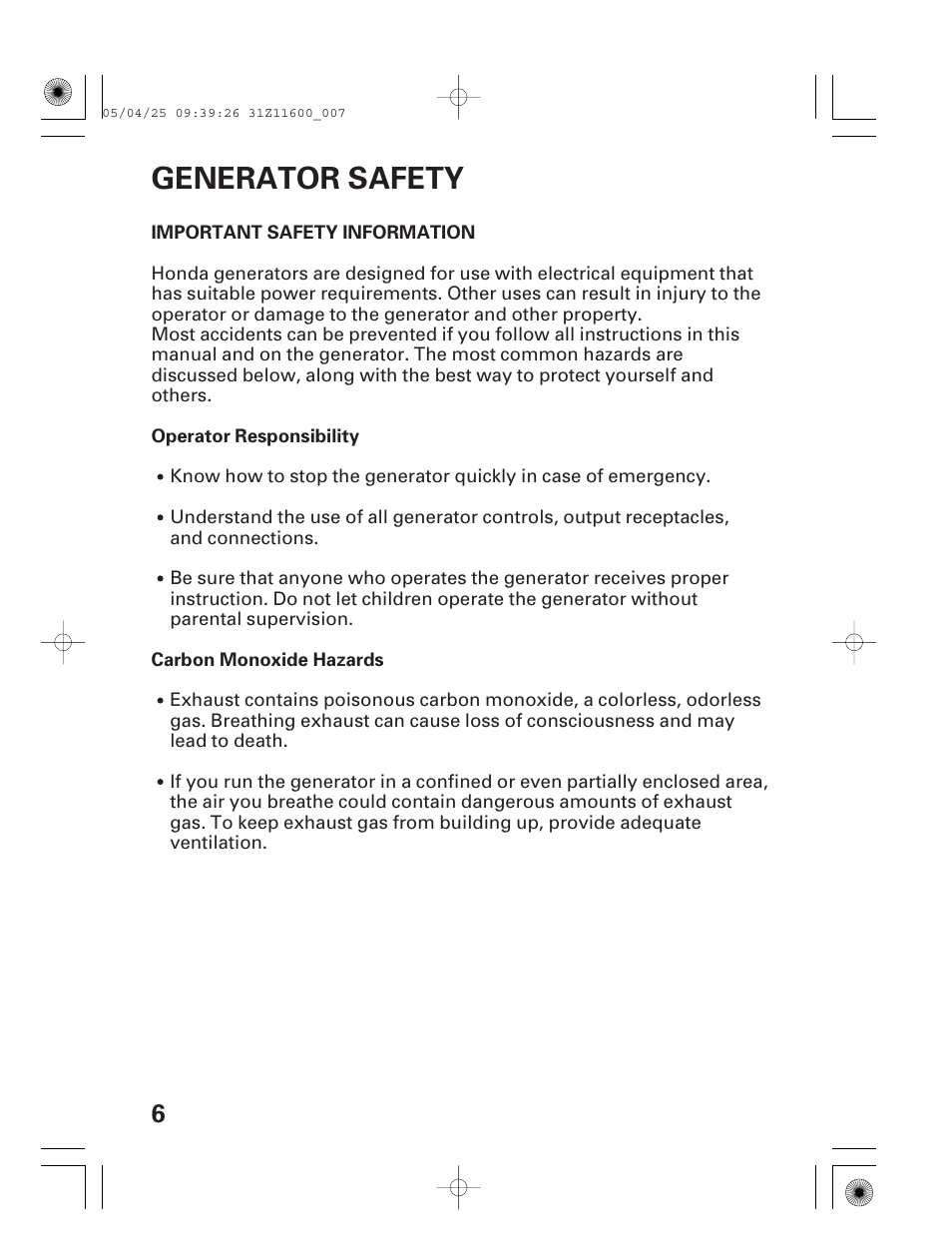 Generator safety, Important safety information | HONDA EM7000is User Manual | Page 8 / 100