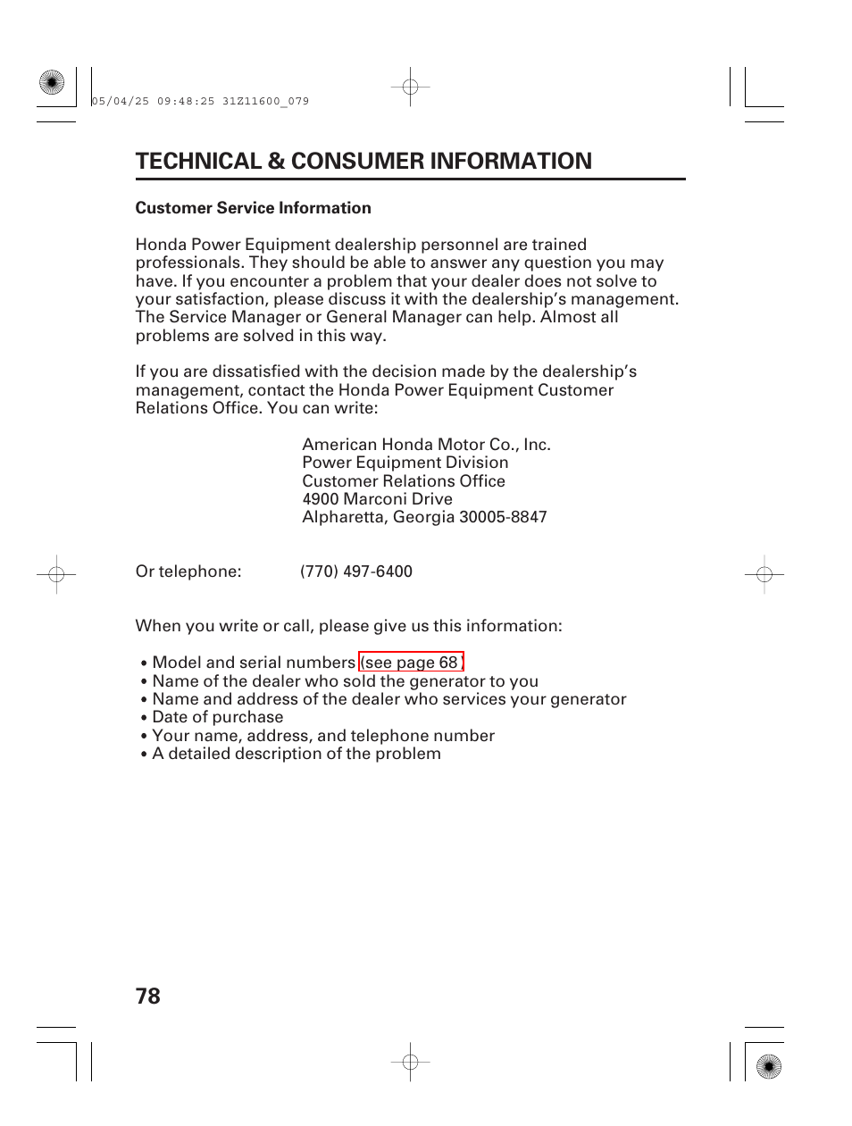 Customer service information, 78 technical & consumer information | HONDA EM7000is User Manual | Page 80 / 100