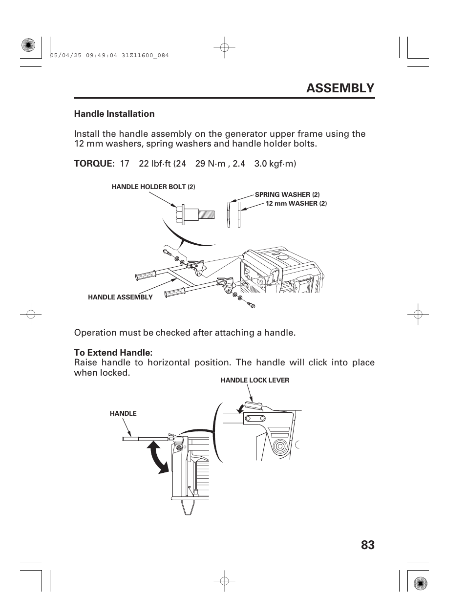 Handle installation, 83 assembly | HONDA EM7000is User Manual | Page 85 / 100