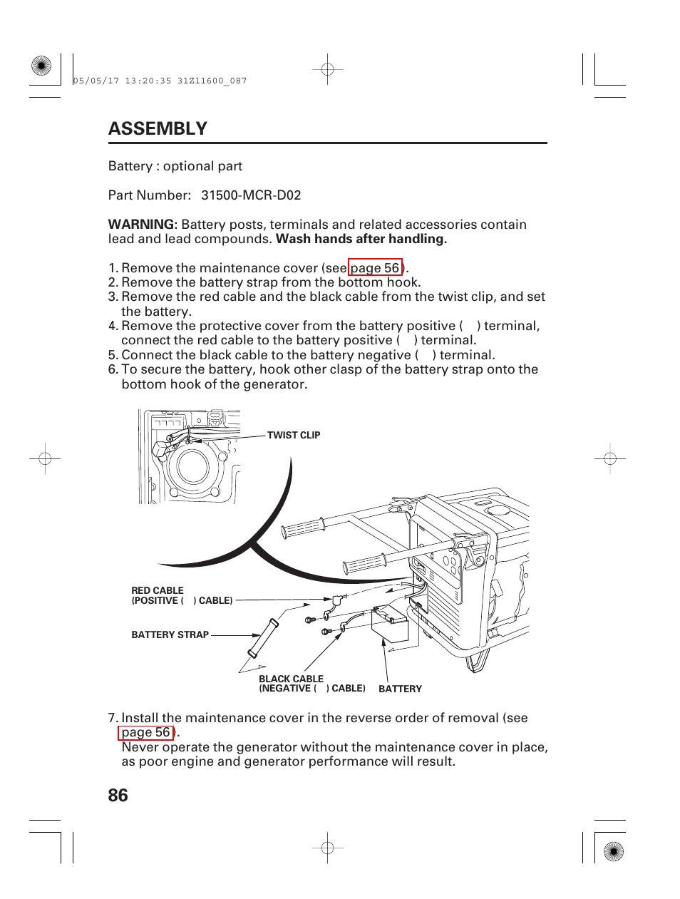 86 assembly | HONDA EM7000is User Manual | Page 88 / 100