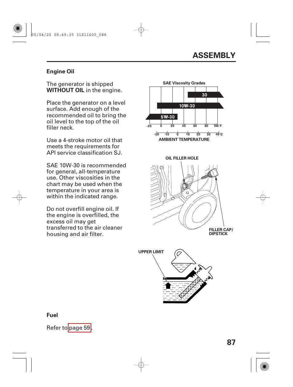 Engine oil, Fuel, 87 assembly | HONDA EM7000is User Manual | Page 89 / 100