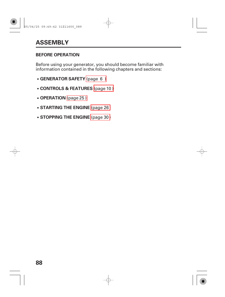 Before operation, 88 assembly | HONDA EM7000is User Manual | Page 90 / 100