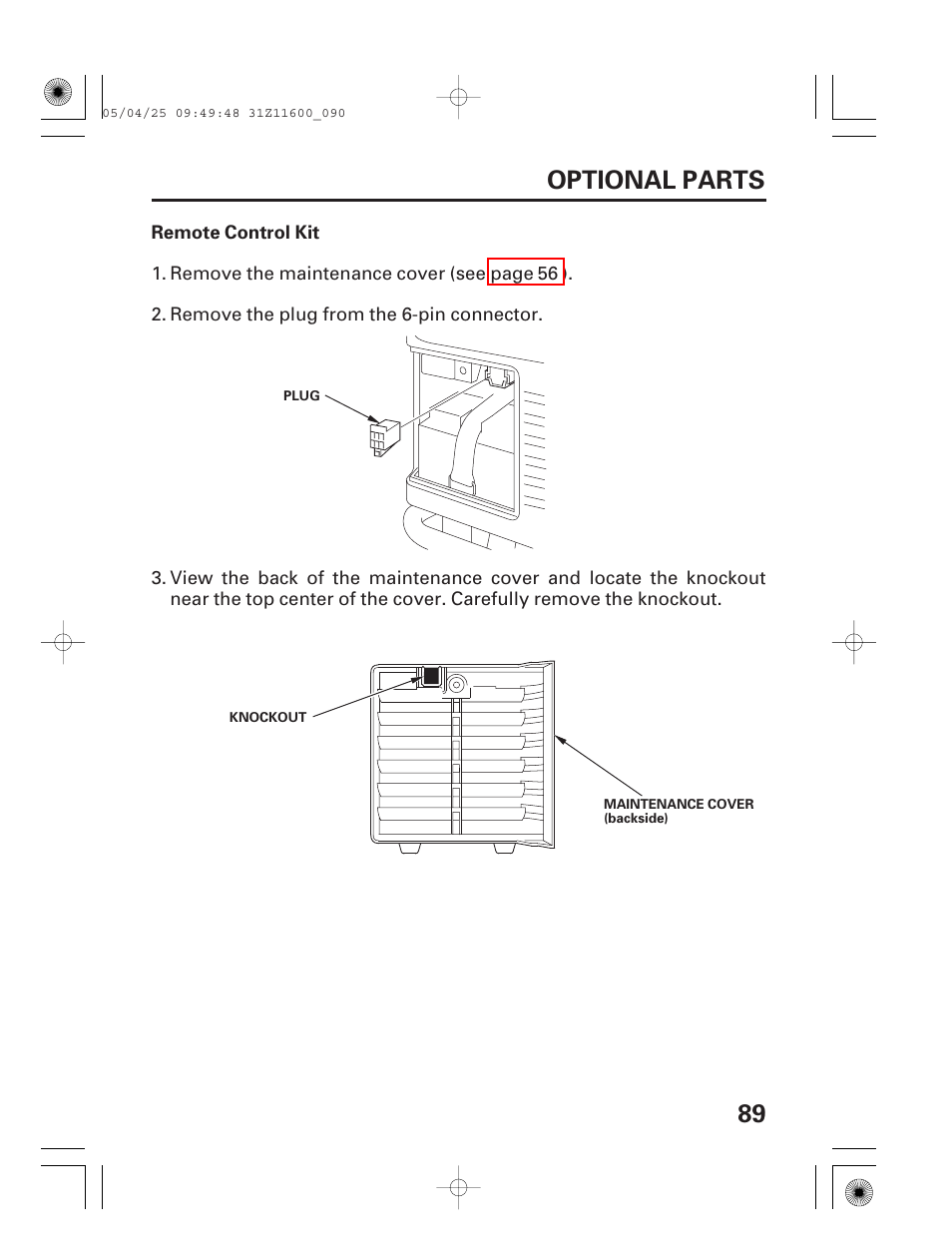 Optional parts, Remote control kit, 89 optional parts | HONDA EM7000is User Manual | Page 91 / 100