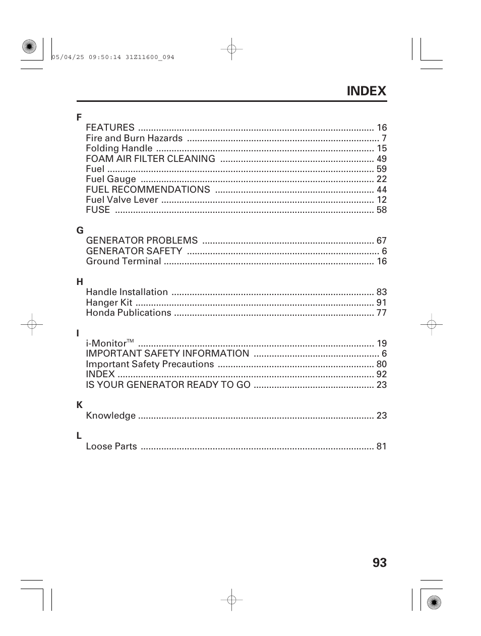 93 index | HONDA EM7000is User Manual | Page 95 / 100
