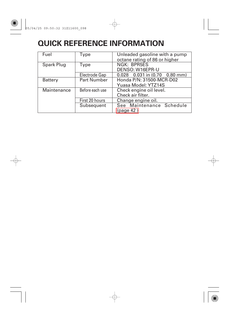 Quick reference information, Inside back cover | HONDA EM7000is User Manual | Page 99 / 100