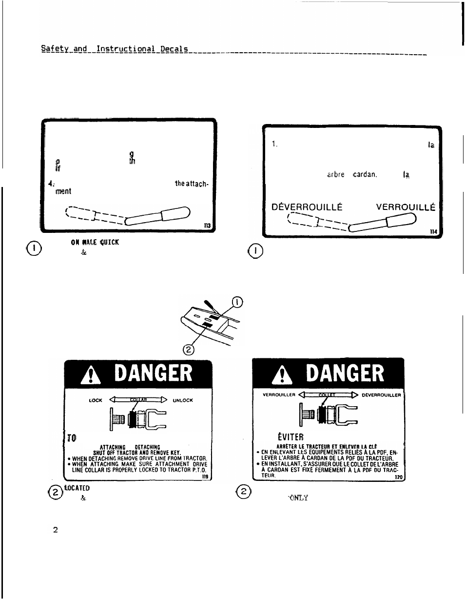 Safety and instruction decals, Safety and i n s t r u c t i o n a l decals, Attaching instructions | Instructions d'accouplement | HONDA QH4000 User Manual | Page 4 / 16