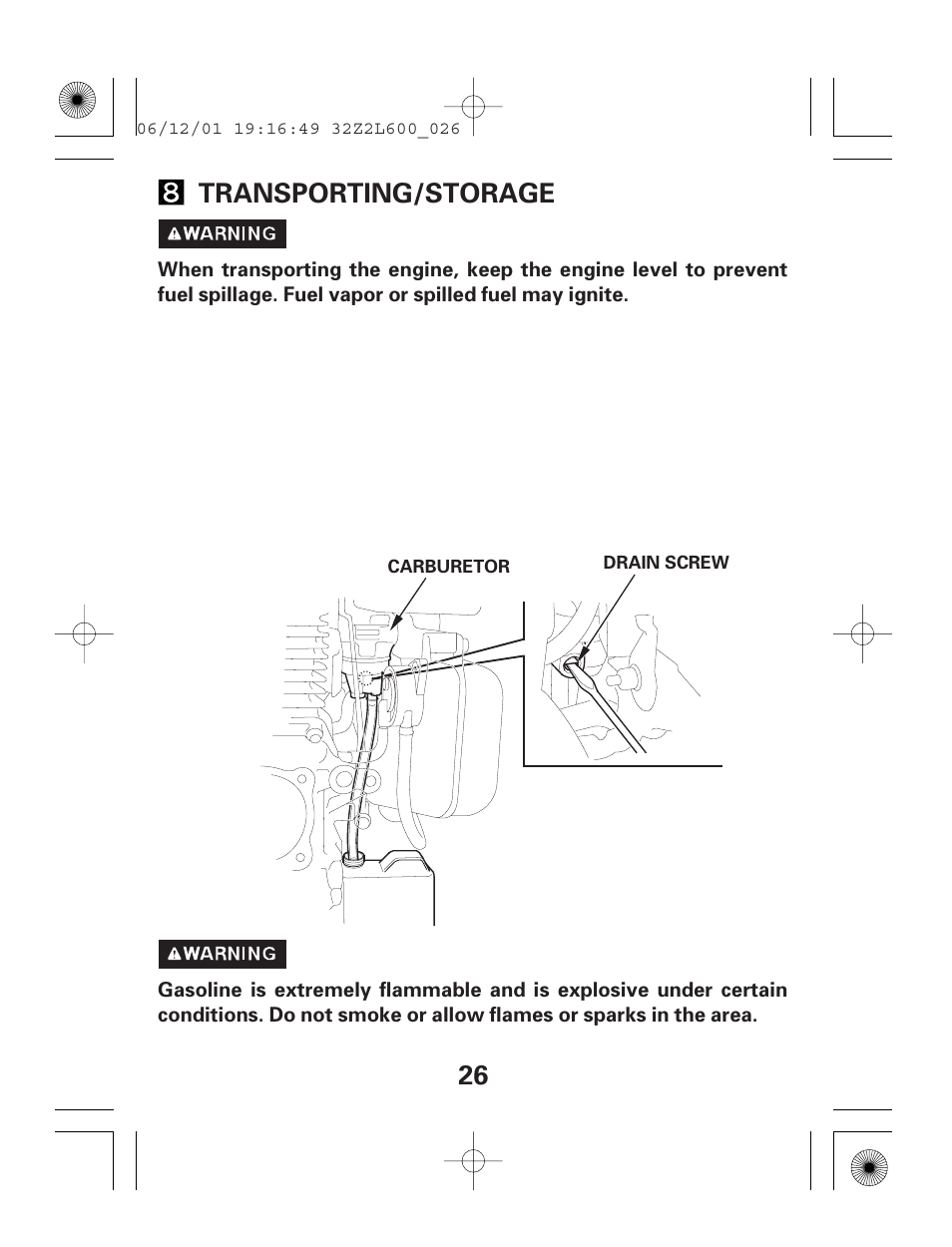 26 transporting/storage | HONDA GC160E User Manual | Page 26 / 32