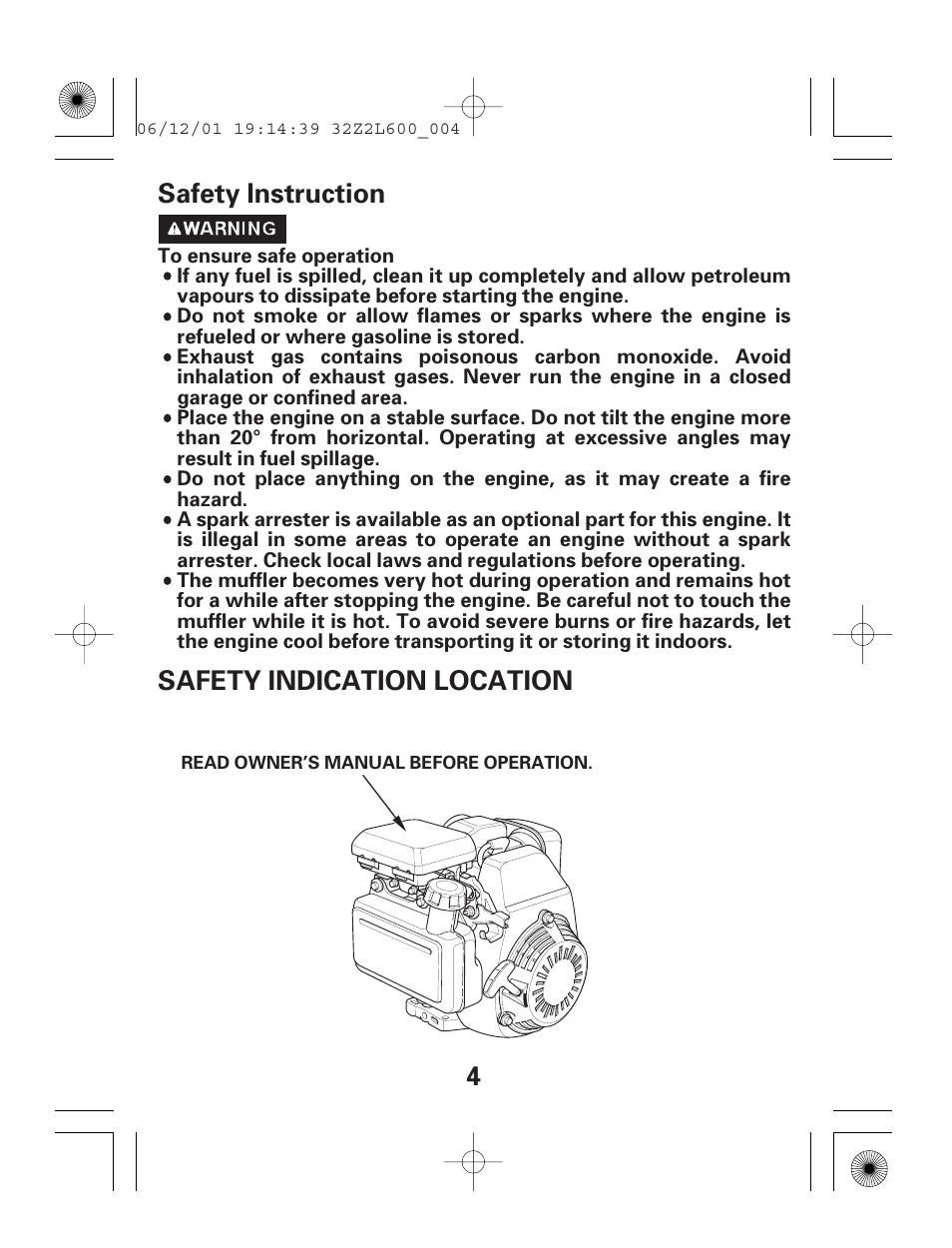 4safety instruction safety indication location | HONDA GC160E User Manual | Page 4 / 32