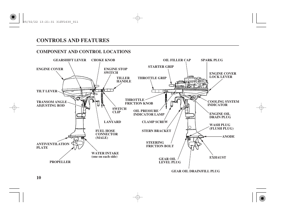 Component and control locations, Controls and features, 10 component and control locations | HONDA Outboard Motor BF5A User Manual | Page 12 / 93
