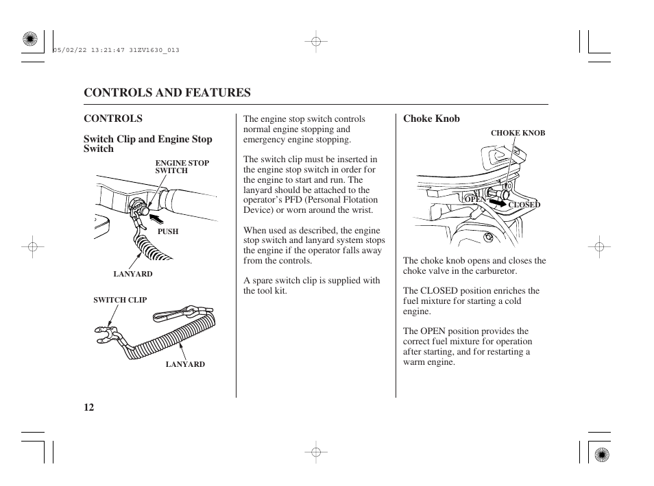 Controls, Switch clip and engine stop switch, Choke knob | Controls and features | HONDA Outboard Motor BF5A User Manual | Page 14 / 93