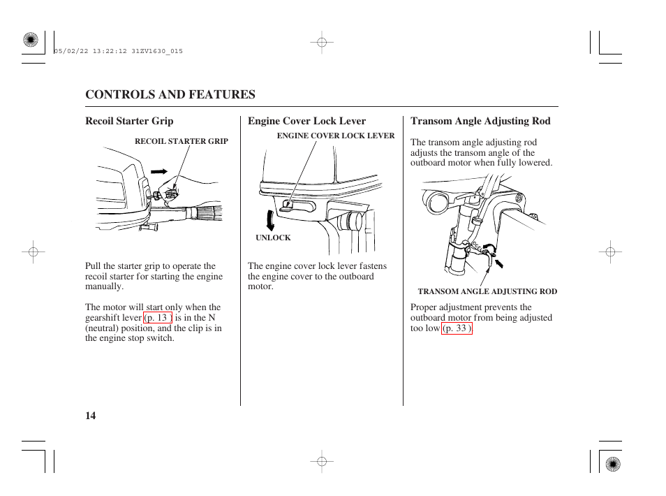 Recoil starter grip, Engine cover lock lever, Transom angle adjusting rod | HONDA Outboard Motor BF5A User Manual | Page 16 / 93