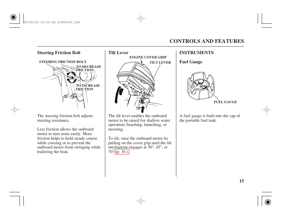 Steering friction bolt, Tilt lever, Instruments | Fuel gauge, Controls and features | HONDA Outboard Motor BF5A User Manual | Page 17 / 93