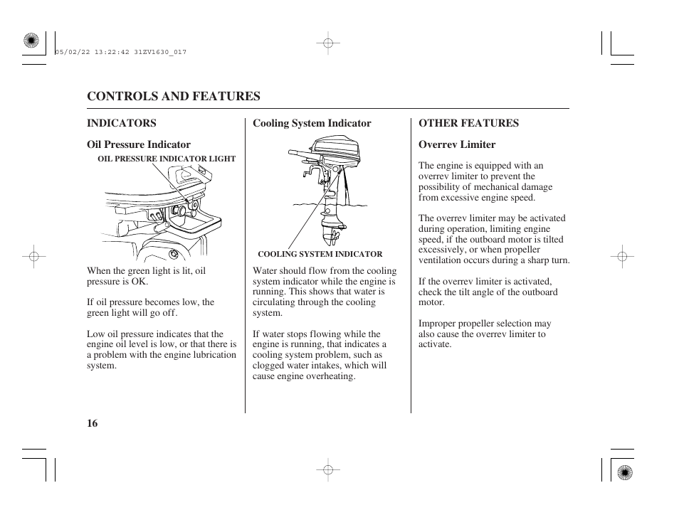 Indicators, Oil pressure indicator, Cooling system indicator | Other features, Overrev limiter | HONDA Outboard Motor BF5A User Manual | Page 18 / 93