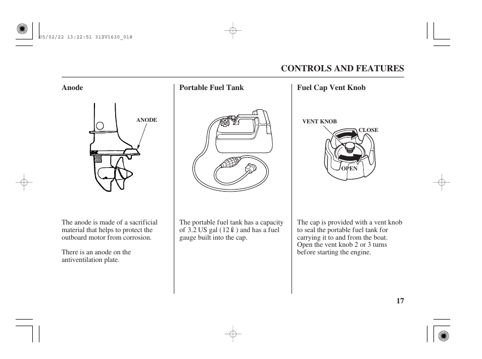 Anode, Portable fuel tank, Fuel cap vent knob | Controls and features | HONDA Outboard Motor BF5A User Manual | Page 19 / 93