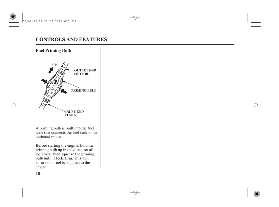 Fuel priming bulb, Controls and features | HONDA Outboard Motor BF5A User Manual | Page 20 / 93