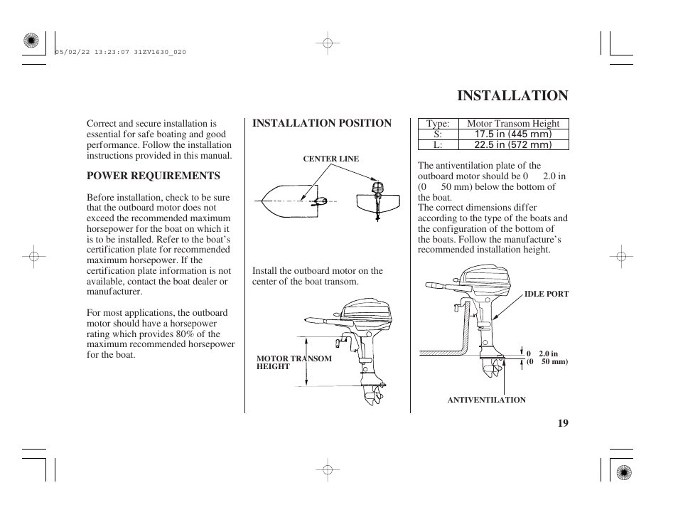 Installation, Power requirements, Installation position | HONDA Outboard Motor BF5A User Manual | Page 21 / 93