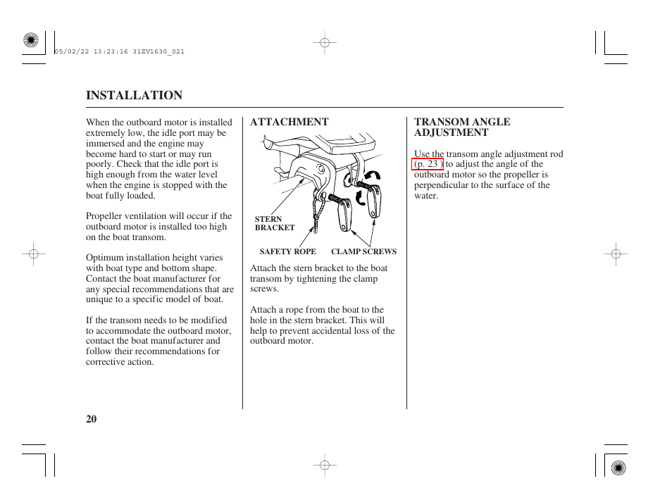 Attachment, Transom angle adjustment | HONDA Outboard Motor BF5A User Manual | Page 22 / 93