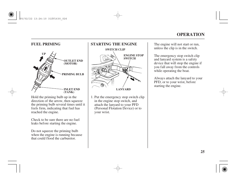 Fuel priming, Starting the engine, Operation | HONDA Outboard Motor BF5A User Manual | Page 27 / 93