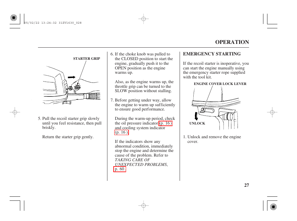 Emergency starting | HONDA Outboard Motor BF5A User Manual | Page 29 / 93