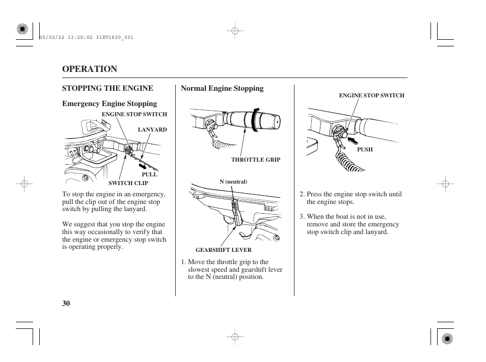 Stopping the engine, Operation | HONDA Outboard Motor BF5A User Manual | Page 32 / 93