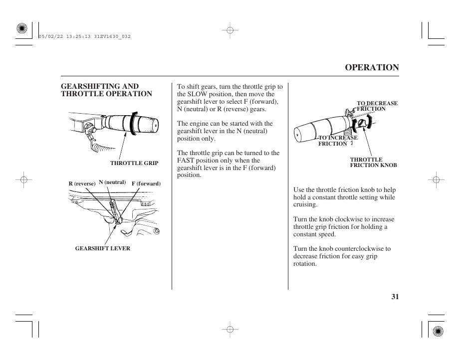 Gearshifting and throttle operation, Operation, 31 gearshifting and throttle operation | HONDA Outboard Motor BF5A User Manual | Page 33 / 93