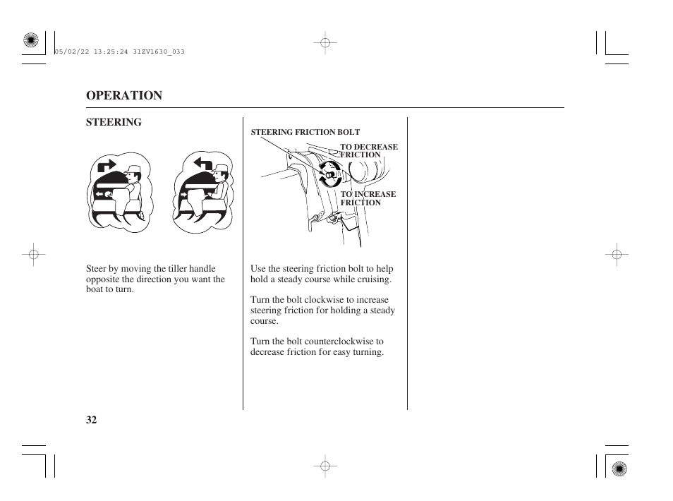 Steering, Operation, 32 steering | HONDA Outboard Motor BF5A User Manual | Page 34 / 93