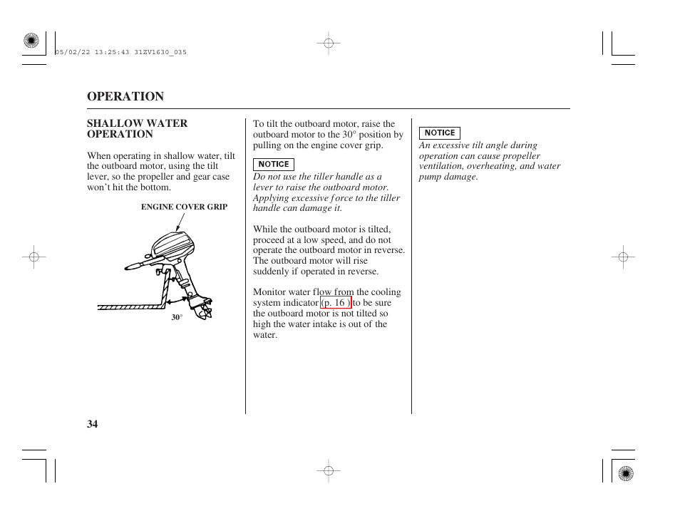 Shallow water operation | HONDA Outboard Motor BF5A User Manual | Page 36 / 93