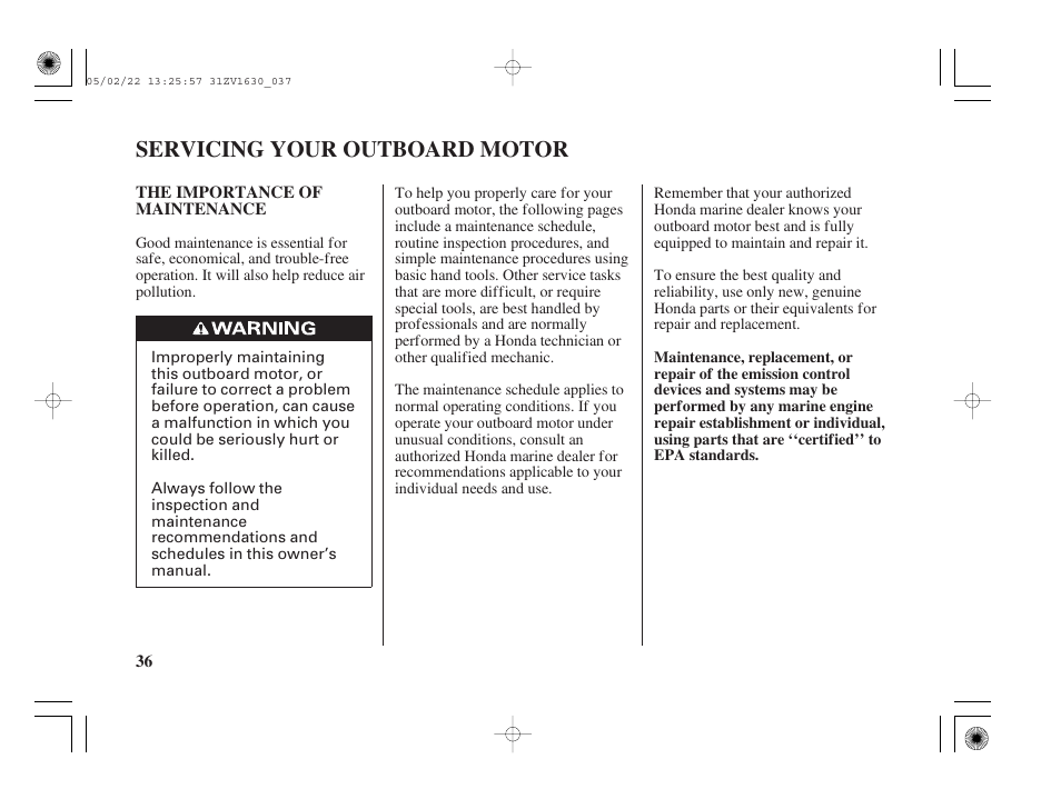 Servicing your outboard motor, The importance of maintenance | HONDA Outboard Motor BF5A User Manual | Page 38 / 93